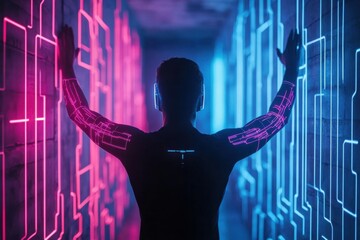 Futuristic Man in Neon Tunnel Engaged with Digital Technology