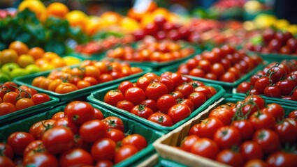 Numerous fresh tomatoes arranged in containers