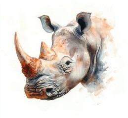 Fototapeta premium Watercolor Rhino Head in Pastel Tones on White Background Soft Brushstrokes Wildlife Art