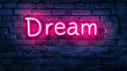 Obraz premium Neon Dream Sign on Dark Brick Wall