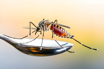 Macro shot of an Aedes aegypti mosquito on a reflective silver spoon, kitchen setting.