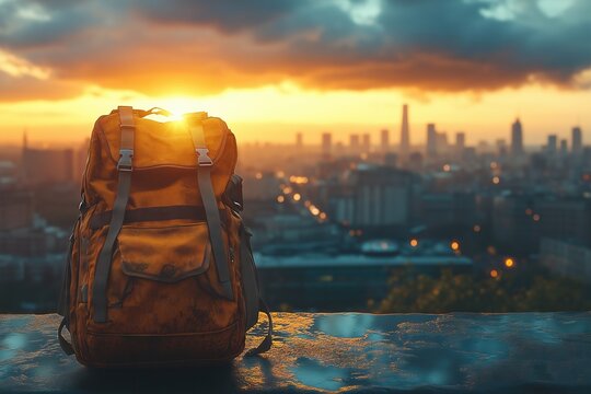 Golden sunset over the city with a backpack resting on the ledge at twilight. Generative AI - Powered by Adobe