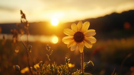 Sunset over lake, flower in meadow; peaceful landscape; nature photography