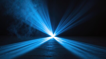 beautiful blue color spotlight wide lens projector with light beam for film and cinema at night. abstract smoke texture. multimedia screening. dark background.