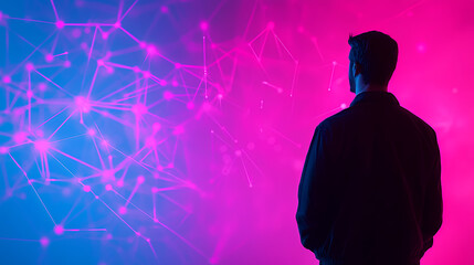image depicts person standing against vibrant background of interconnected lines and nodes, symbolizing technology and innovation. colors blend