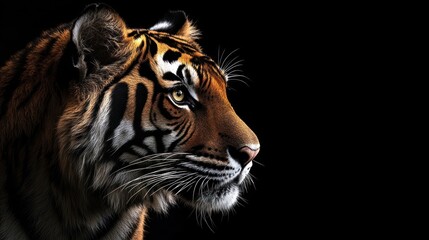 Naklejka premium Tiger Profile Against Black Background, Wildlife, Portrait, Studio Shot. Use Stock photo, education