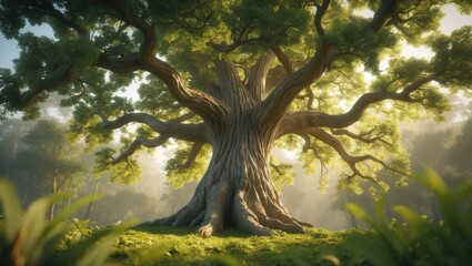 Fototapeta premium Majestic ancient oak tree with detailed bark and expansive branches, illuminated by sunlight.