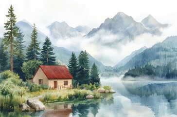 Naklejka premium Watercolor Landscape of a Vintage Cottage with Red Roof by a Calm Lake in the Mountains