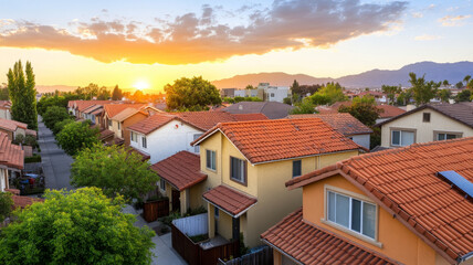 Obraz premium Aerial view of suburban residential area at sunset, showcasing rooftops and trees