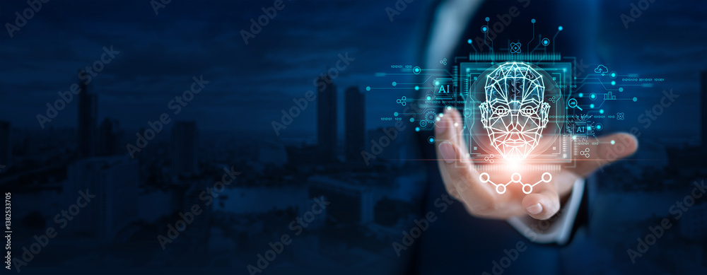 Leinwandbilder AI, Machine learning, Businessman hold brain circuit on microchip of ai robot on big data network, Business, Security, Science and artificial intelligence  technology, innovation and futuristic.