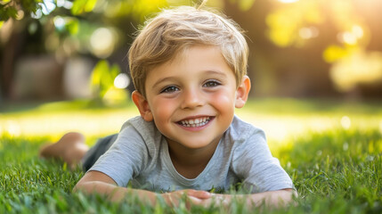 A smiling boy lying on grass in a sunny outdoor setting, exuding joy and innocence.