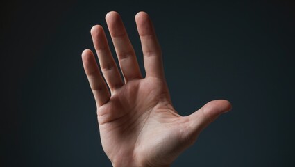 Fototapeta premium man displaying stop gesture to reject on a black background with empty text space, close-up of the hand, anti concept, rejection