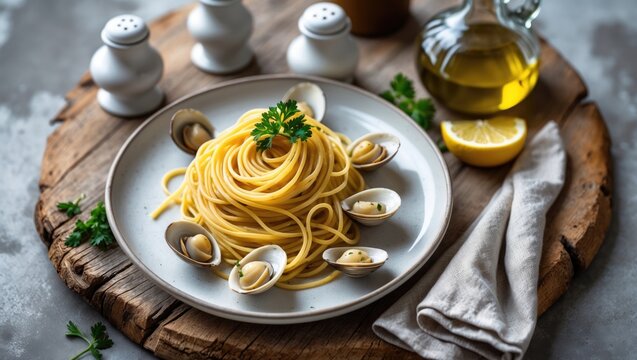 Pasta with clams and lemon, prepared using oil, white wine, garlic, and parsley. Overhead view.