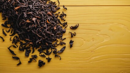 Loose Assam black tea spread on a yellow surface, viewed from above with space for text on the right.