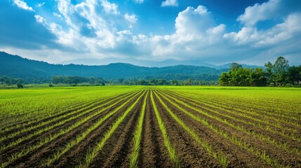 lush green field rows under blue sky