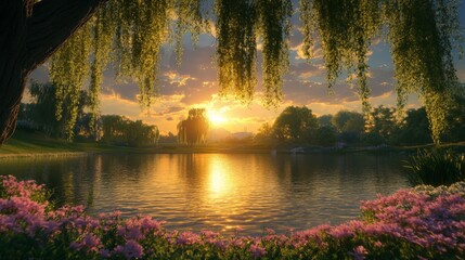 Obraz premium Sunset Over Calm Lake Framed by Trees and Flowers