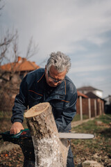 Senior lumberjack cutting tree trunk with chainsaw in backyard