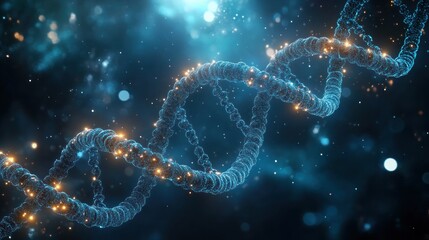 3D Render of Bioluminescent DNA Helix Strands on Teal Background in Surreal Scientific Illustration