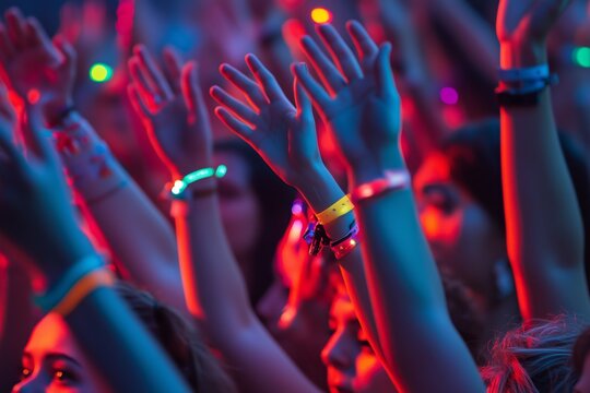 Festival crowd enthusiastically dancing with illuminated wristbands and hands in the air enjoying the music - Powered by Adobe