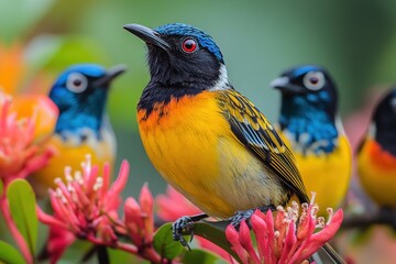 Obraz premium Vibrant birds perched on pink blossoms in a garden setting