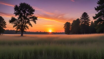 Fototapeta premium landscape photograph captures a field at sunset, framed by trees on either side