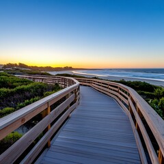 Fototapeta premium Wooden boardwalk path leading to ocean beach at sunset, clear blue sky, tranquil coastal scene.
