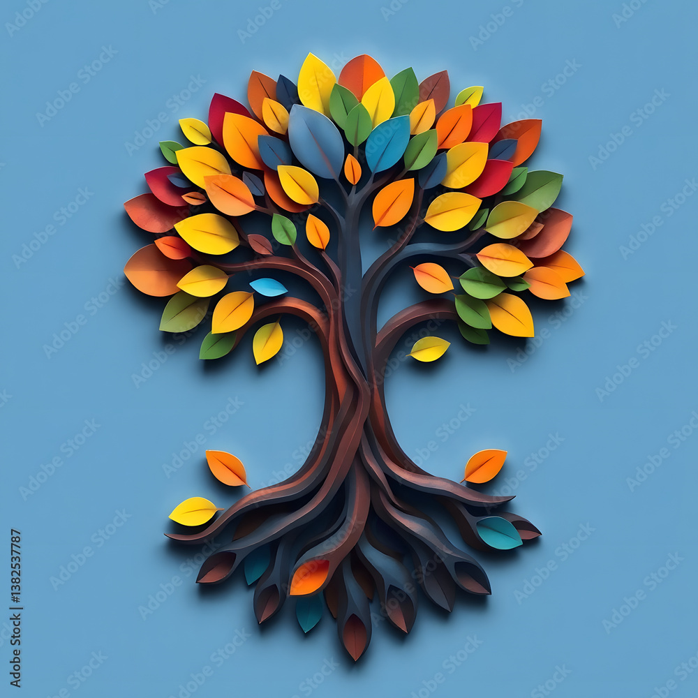 Fototapete a digital illustration of a tree of life symbol, a root within a circle, rendered in layered paper c