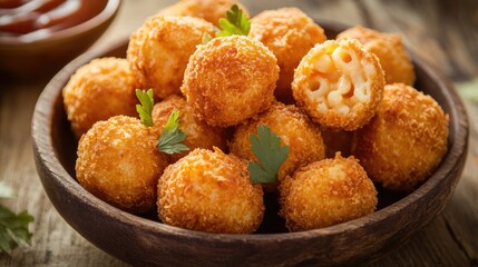 Mac And Cheese Balls. Deep Fried Macaroni and Cheese Bites with Mozzarella Sauce on Wooden Background
