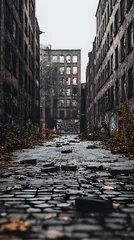 Selbstklebende Fototapeten Dark Gloomy City Alley with Brick Buildings and Autumn Leaves © bela
