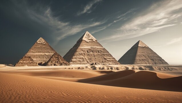 Panoramic view of the pyramids on the plateau featuring the famous pyramids of Cheops, Chephren, Mykerinos, and three step pyramids. Museum complex in a wide shot nearby.