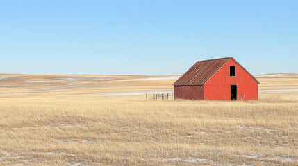 A solitary red barn stands in a vast, open landscape under a clear blue sky.