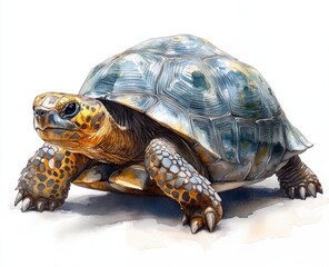 Obraz premium Watercolor Tortoise Painting on White Background with Detailed Shell and Vivid Colors