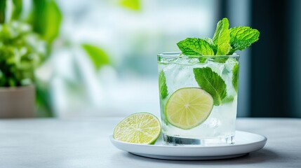 Fototapeta premium tropical cocktail presentation, a mojito with lime wedges and mint served on a white plate on a modern kitchen counter, with an open window in the background