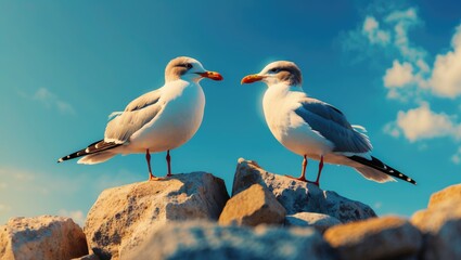 Two seagulls gazing at each other while perched on the stone. The concept of a pair initially relating to one another with some mistrust, pairing, and pair-bonding.
