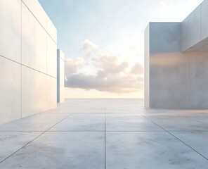 3D rendering of an empty concrete floor with white walls and a sky background