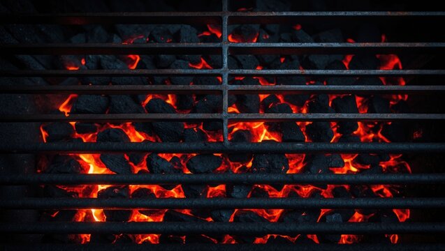 Metal grill grate placed over glowing hot charcoal. Overhead view. Available space for text.