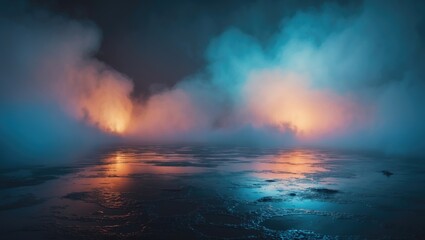 Wet asphalt, light reflections, a searchlight, and smoke. An abstract illumination in a dark, vacant street with smoke and smog. A dark background scene featuring an empty street view.