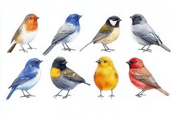 Fototapeta premium Illustration of Backyard Birds in Watercolor Style Bluebird Starling Wren Blue Jay Robin Warbler Red Cardinal Goldfinch Blackbird on White Background