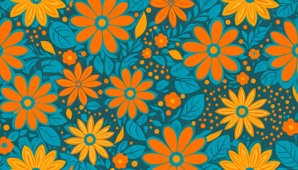 Lively Orange and Yellow Flowers Surrounded by Teal Leaves on a Dense Dark Teal Floral Pattern