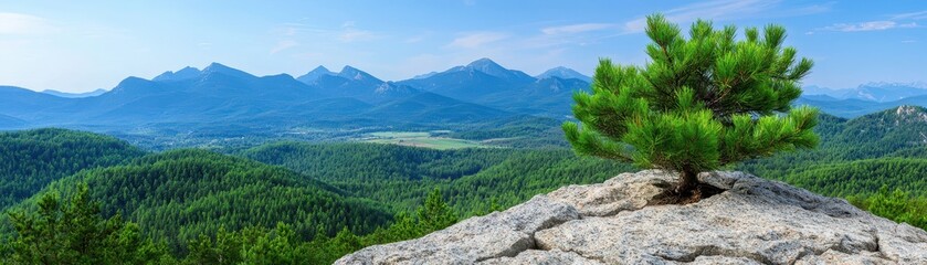 Vibrant mountain landscape with resilient pine tree rocky outcrop nature photography sunny day panoramic view