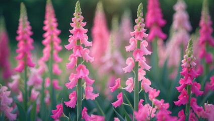 Obraz premium Pink antirrhinum or dragon flowers, also known as snapdragons, blooming outdoors. Pink blossoms.