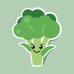 Broccoli sticker with cute kawaii face, green vegetable with happy expression, cartoon healthy food character, isolated on pastel background, adorable organic plant for kids, fresh farm product
