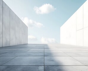 Obraz premium 3D rendering of an empty concrete floor with white walls and a sky background