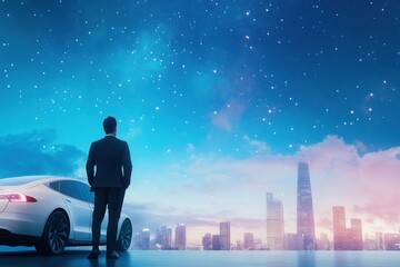 Fototapeta premium Man in Suit Observing City Skyline Under Starry Night Sky