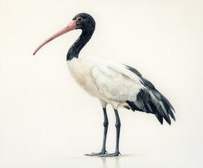 Fototapeta premium Elegant Black and White Ibis Bird Watercolor Painting Illustration Isolated on White Background