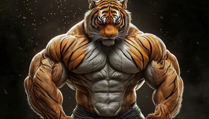 Fototapeta premium The ultimate gym wallpaper showcasing a tiger-man's incredible muscles.