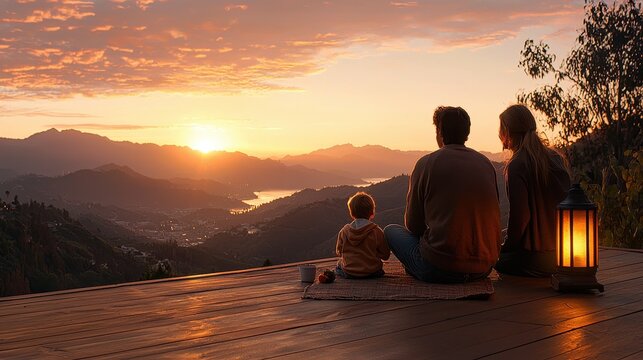 Family watching sunset from mountaintop deck enjoying scenic view peaceful moment together child parents