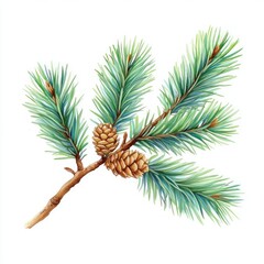 Fototapeta premium Pine Branch Watercolor Illustration Hand Drawn Vintage Style Coniferous Twig Floral Element on White Background
