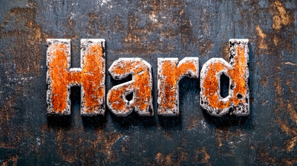 Word hard forged from heavy textured metal on dark background