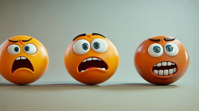 Three 3D Rendered Oranges Expressing Different Emotions of Fear and Anxiety
